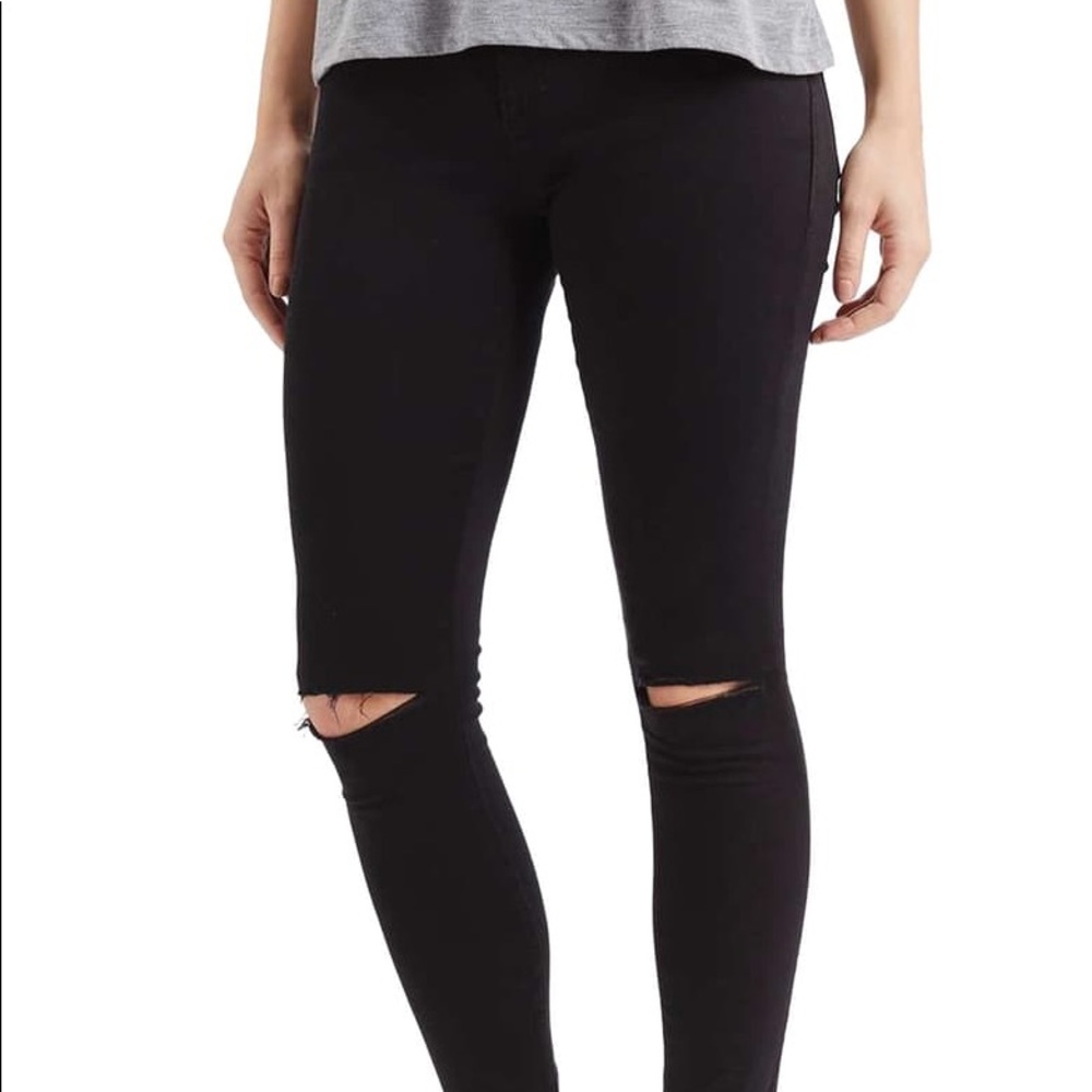 TOPSHOP LEIGH RIPPED SKINNY BLACK JEANS PETITE